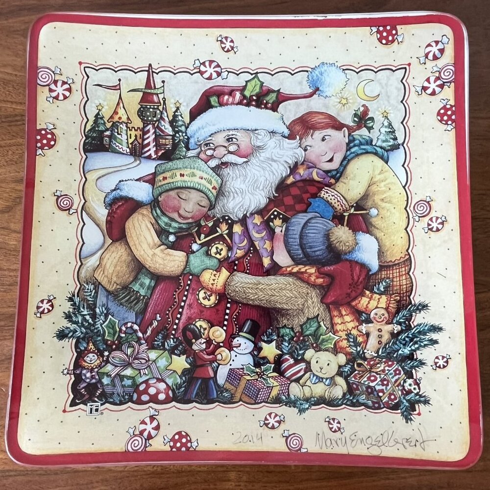Signed Mary Engelbreit Mark Roberts Christmas Glass Santa Plate Platter 2014